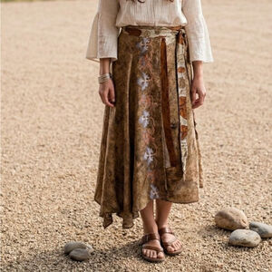Vintage Silk Sari Wrap Skirt Reversible Boho Maxi | Earthy Brown Floral